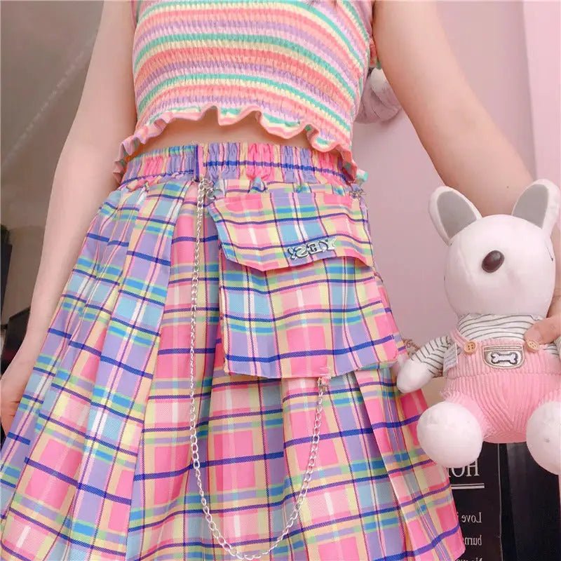Bubblegum Rainbow Plaid Skirt with Cargo Pocket and Stretchy Waistband - Cosparty