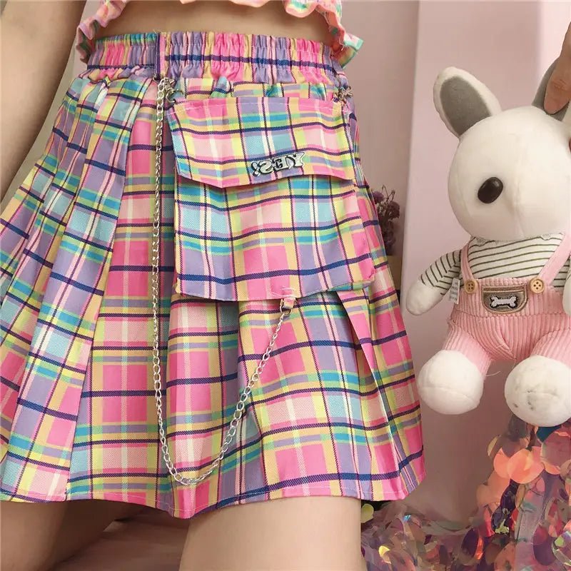 Bubblegum Rainbow Plaid Skirt with Cargo Pocket and Stretchy Waistband - Cosparty