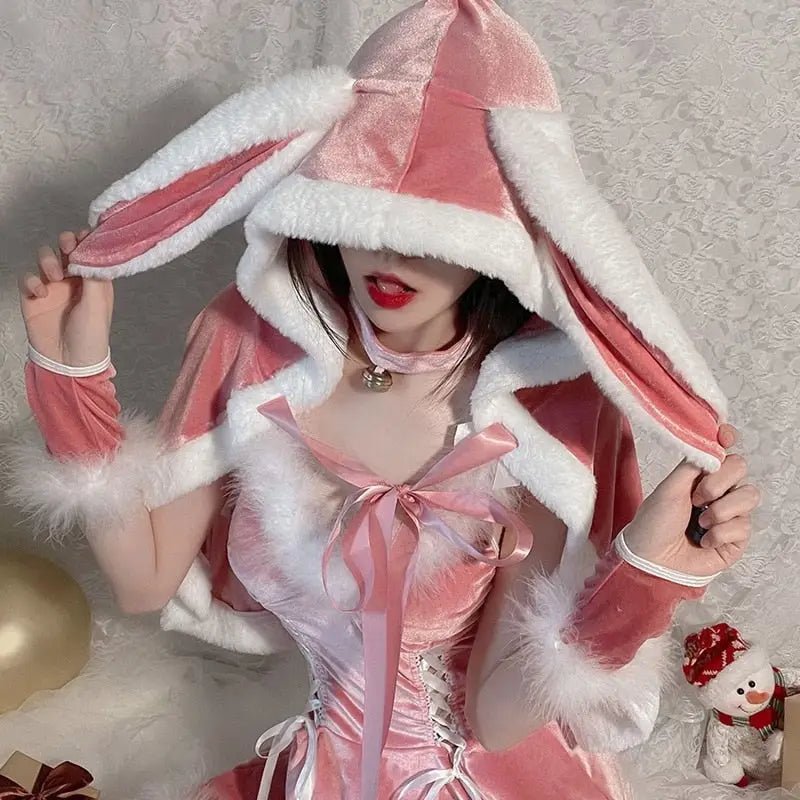 Bunny Set Dress with Cozy Santa Claus Inspired Hoodie Cape Shawl - Cosparty