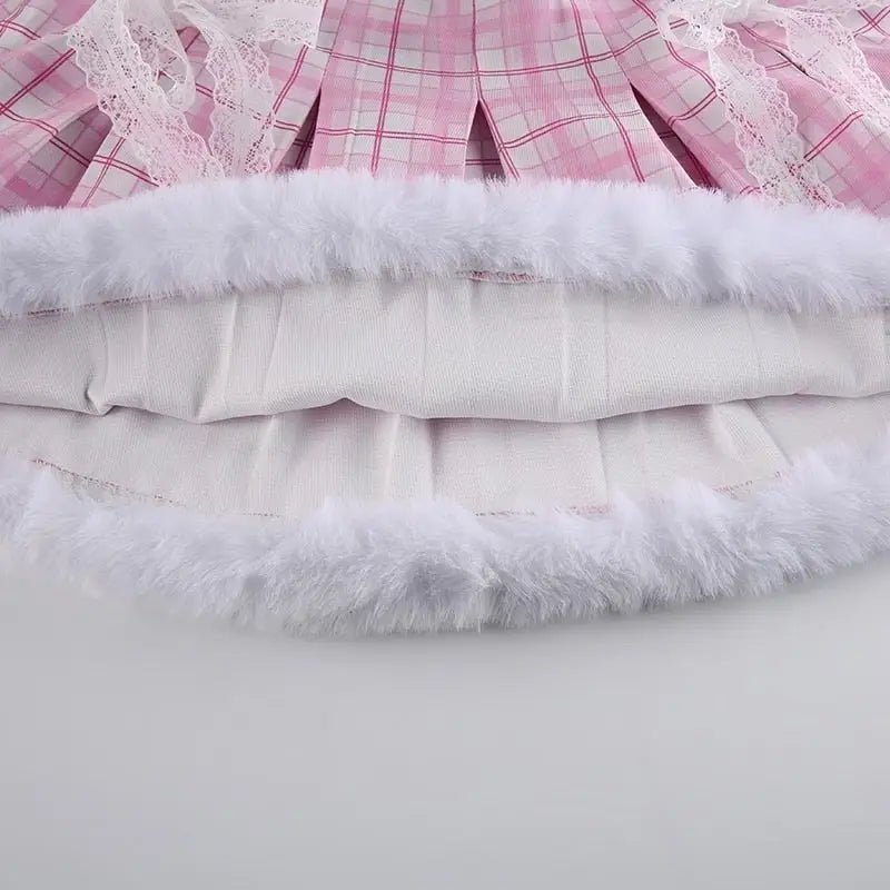 Candy Colored Blue Plaid Fur - Lined Lolita Skirt with Fur Trim - Cosparty
