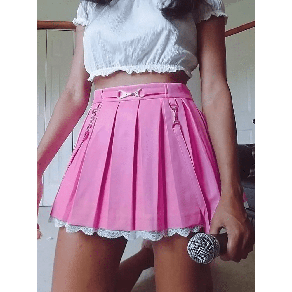 Candy Colored High Quality Pleated Skirt with Lace Tulle Hem - Cosparty