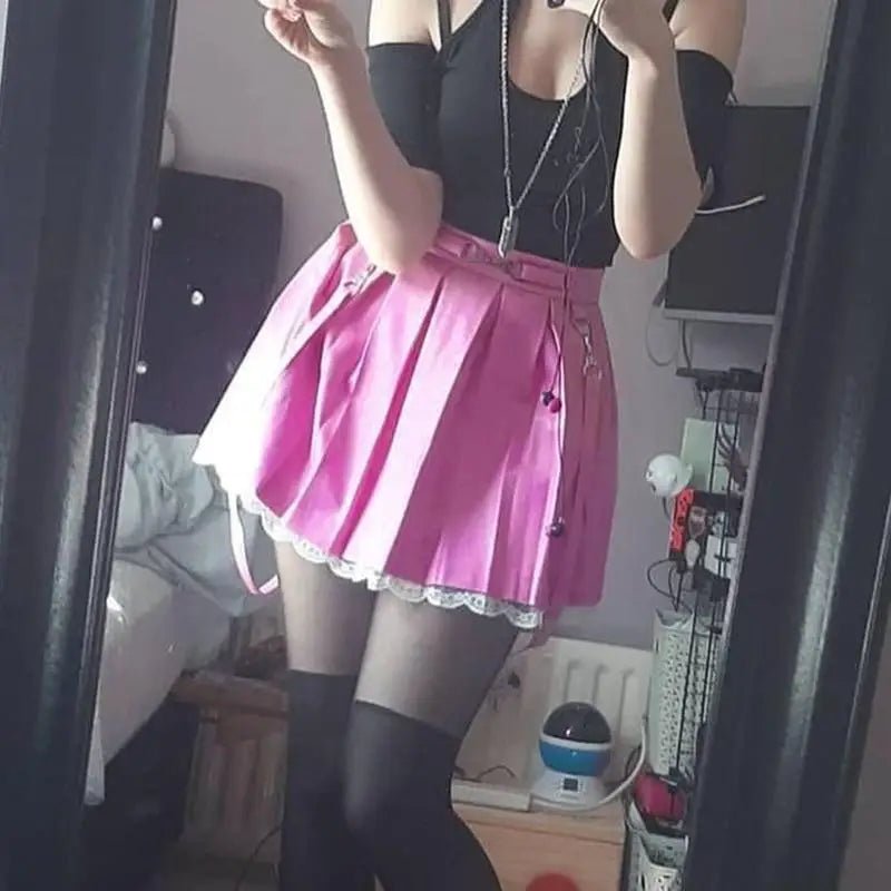 Candy Colored High Quality Pleated Skirt with Lace Tulle Hem - Cosparty