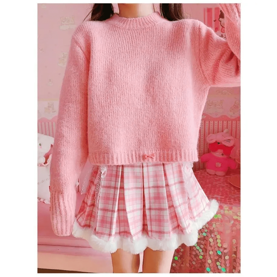 Candy Colored Pink Plaid Lolita Skirt with Fur - Lined Trim - Cosparty