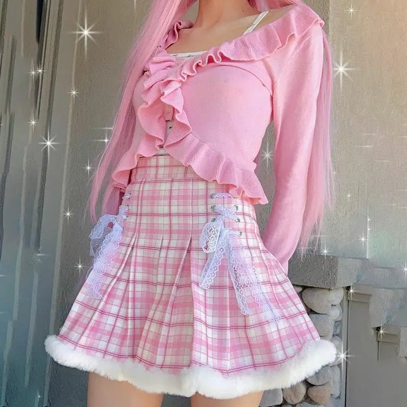 Candy Colored Pink Plaid Lolita Skirt with Fur - Lined Trim - Cosparty