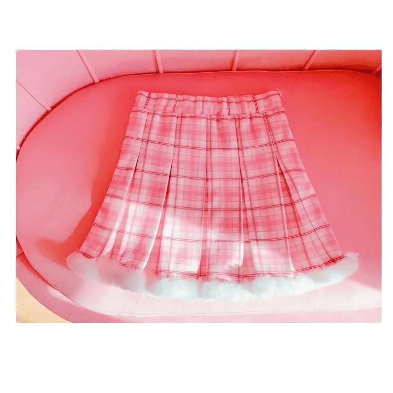Candy Colored Pink Plaid Lolita Skirt with Fur - Lined Trim - Cosparty
