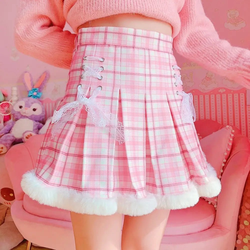 Candy Colored Pink Plaid Lolita Skirt with Fur - Lined Trim - Cosparty