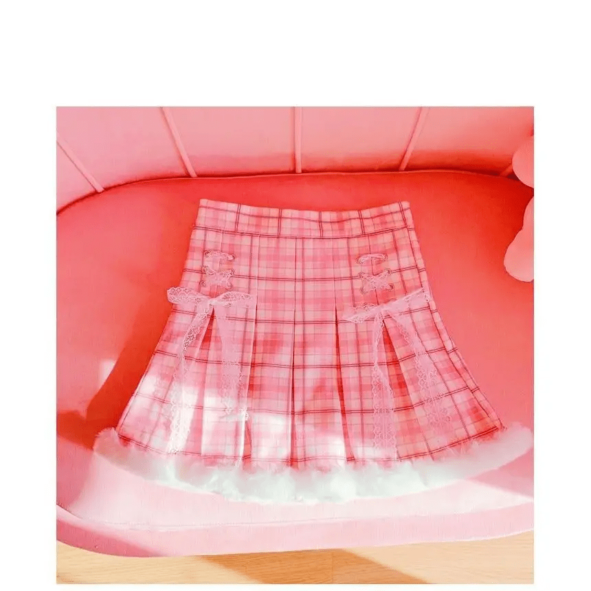 Candy Colored Pink Plaid Lolita Skirt with Fur - Lined Trim - Cosparty