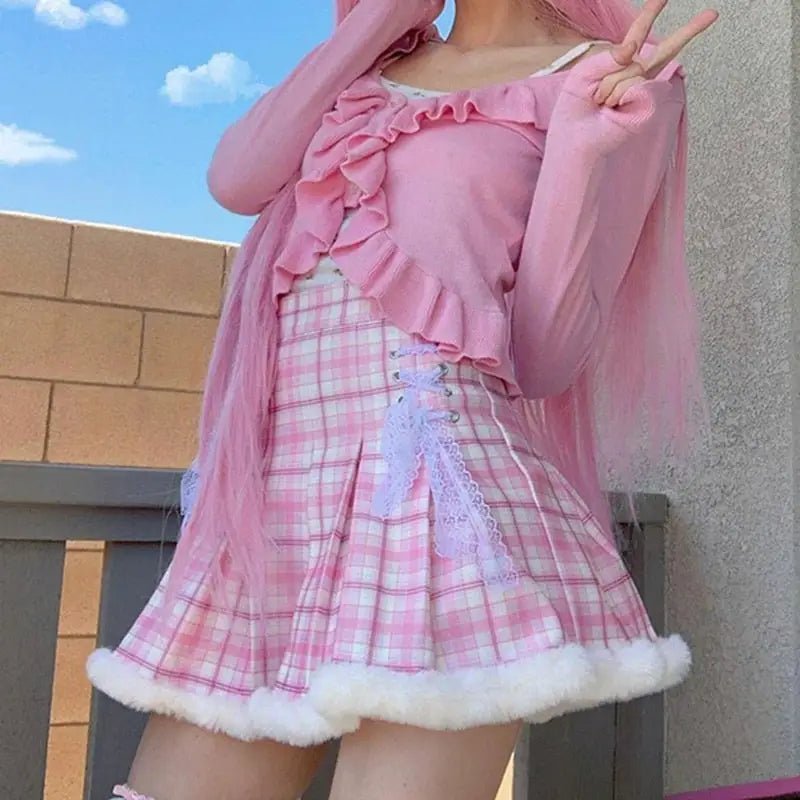 Candy Colored Pink Plaid Lolita Skirt with Fur - Lined Trim - Cosparty