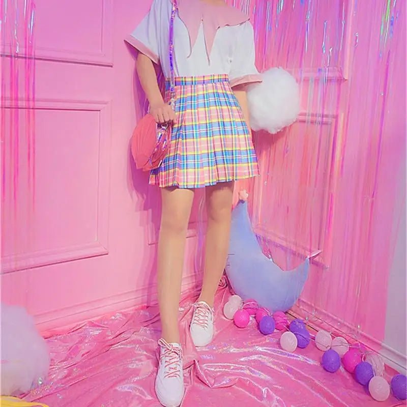 Candy Colored Plaid Skirt with Yellow Color Accents and Pleats - Cosparty
