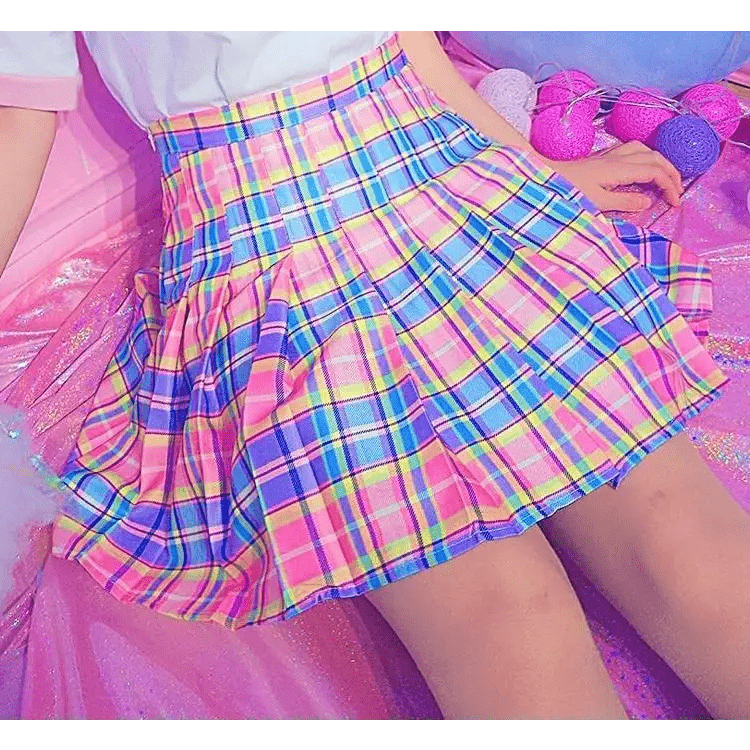Candy Colored Plaid Skirt with Yellow Color Accents and Pleats - Cosparty