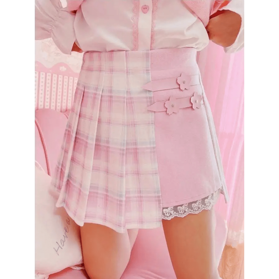 Candy Colored Purple Plaid Flower Lolita Skirt with Chain - Cosparty