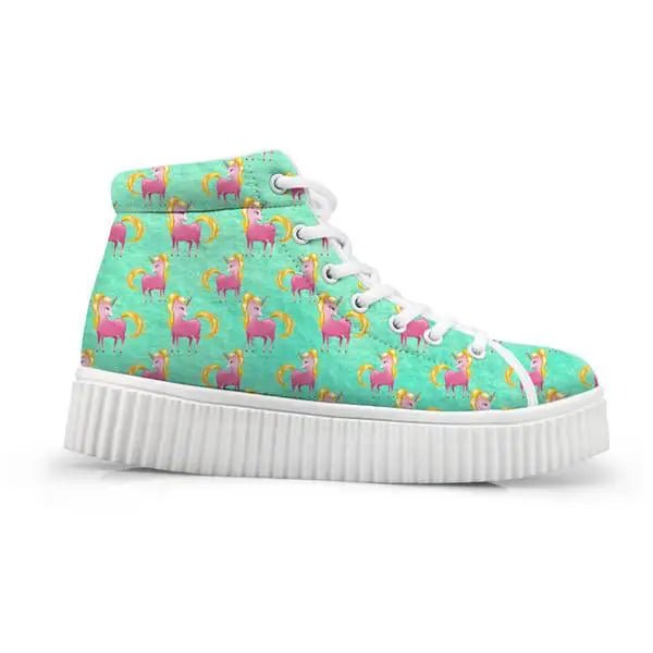 Canvas Hi Top Unicorn Pattern Shoes with Comfortable Wedge Heel - Cosparty