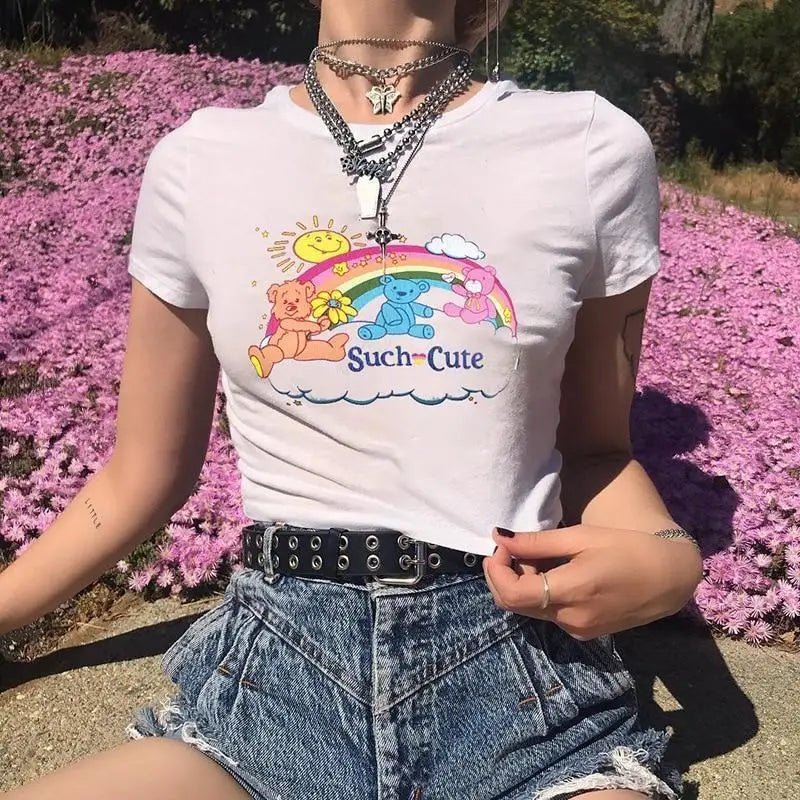 Care Bears Inspired Bright White Crop Top for Kawaii Fashion - Cosparty