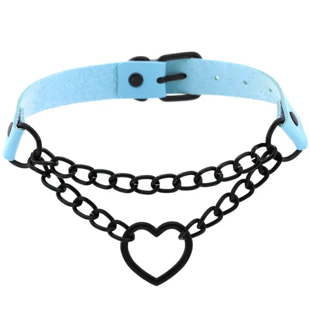 Chained Heart Choker Necklace in Thick Vegan Leather - Cosparty