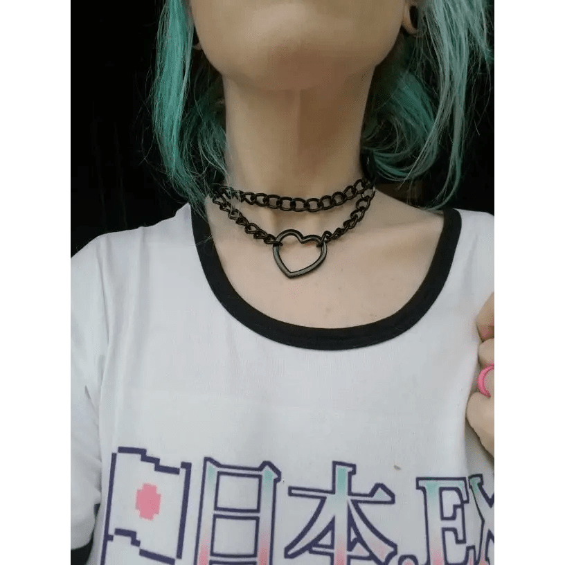 Chained Heart Choker Necklace in Thick Vegan Leather - Cosparty