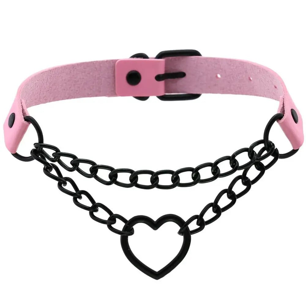 Chained Heart Choker Necklace in Thick Vegan Leather - Cosparty