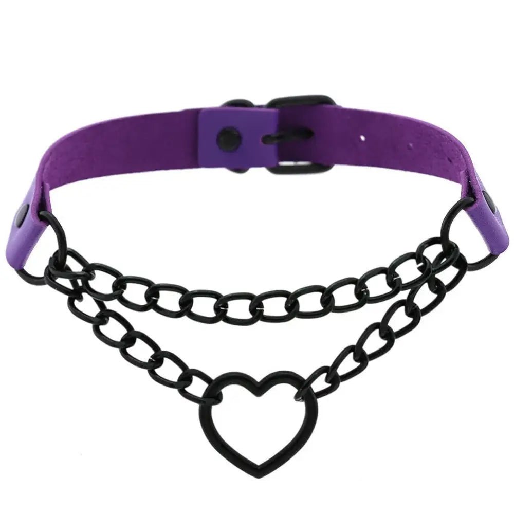 Chained Heart Choker Necklace in Thick Vegan Leather - Cosparty