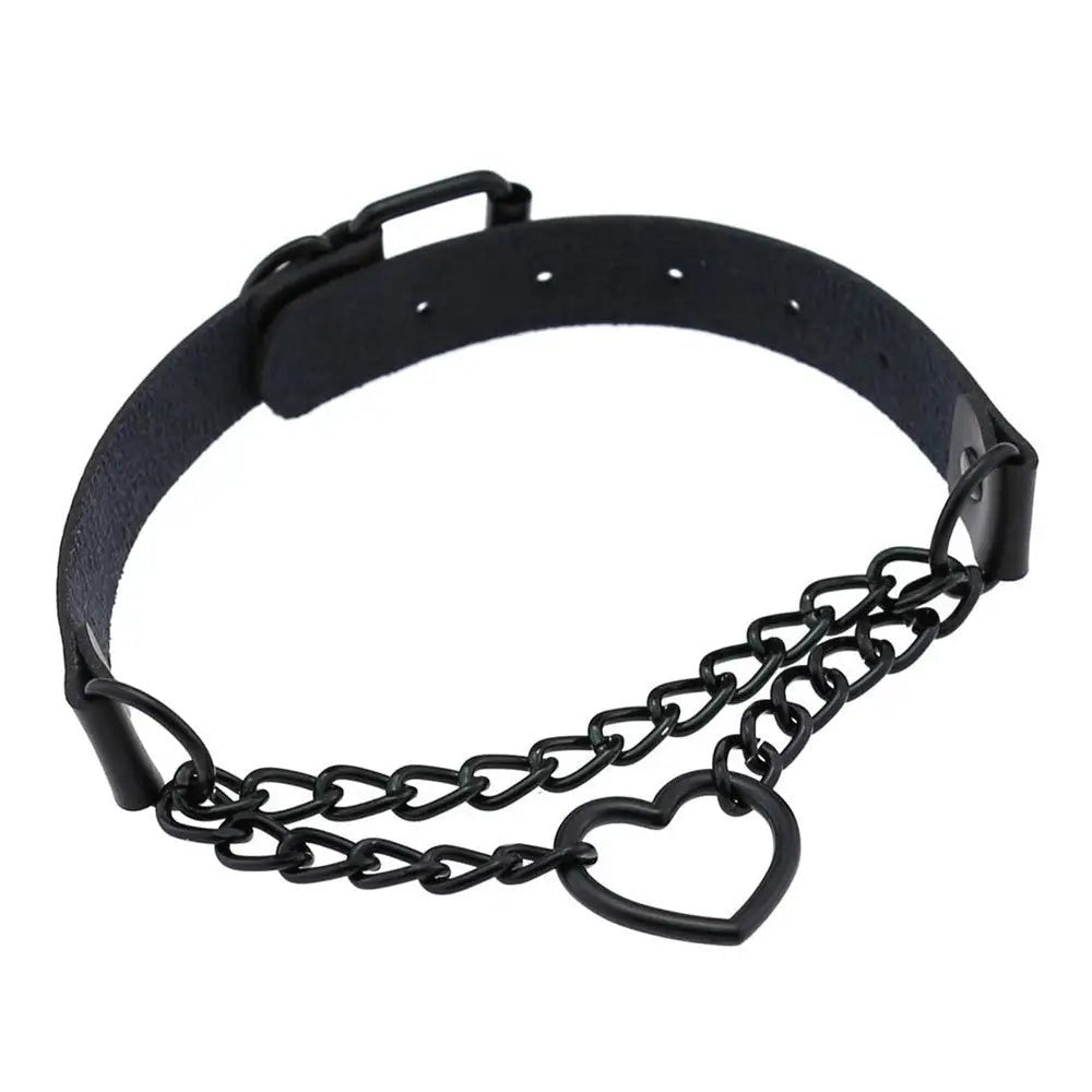 Chained Heart Choker Necklace in Thick Vegan Leather - Cosparty