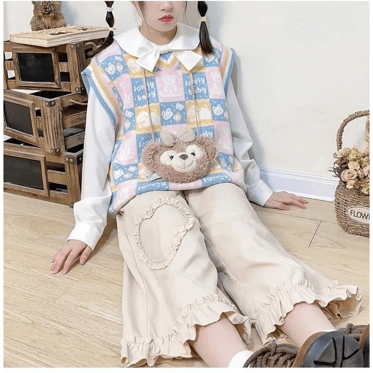 Checkered Bear Knit Vest for Kawaii Lovers - Cosparty