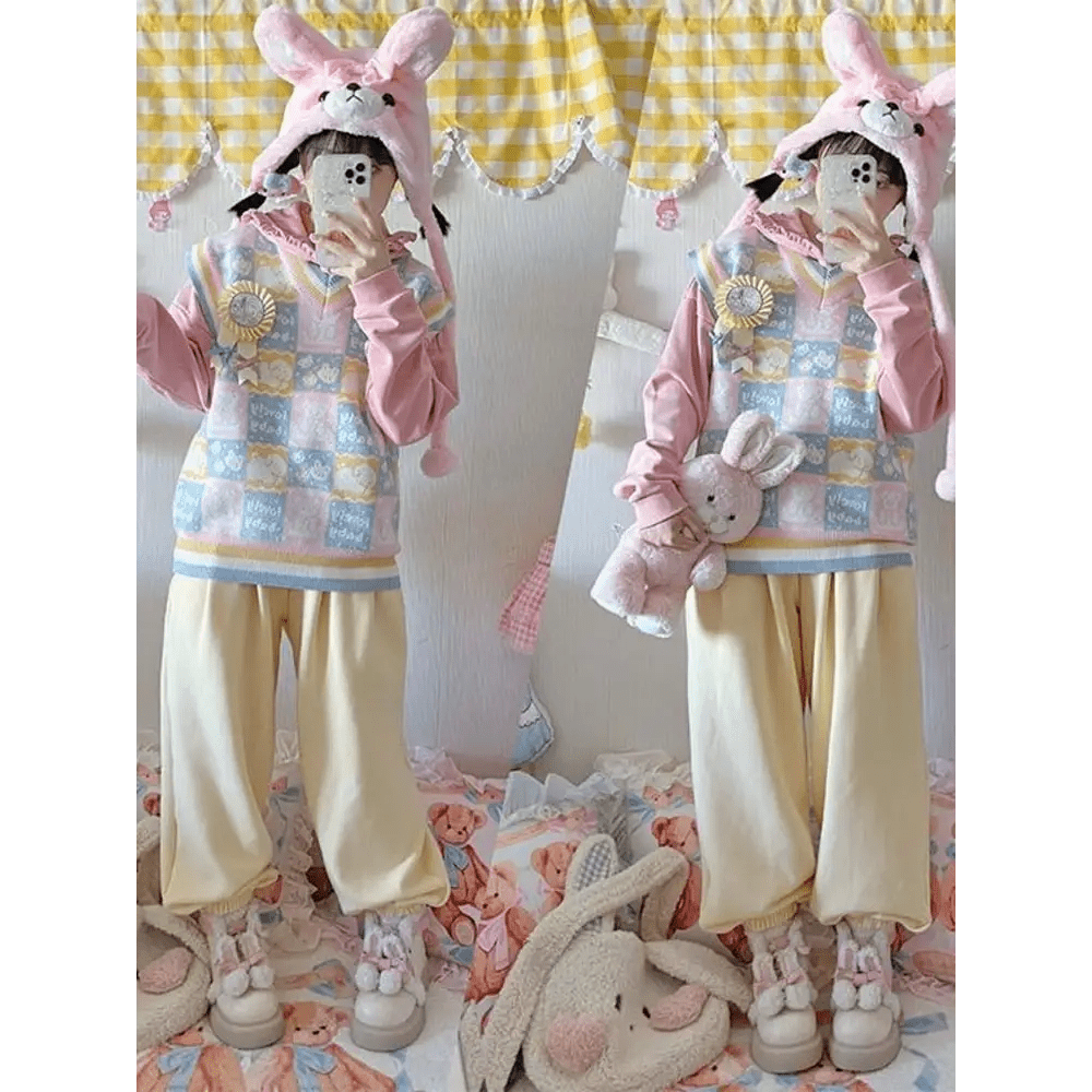 Checkered Bear Knit Vest for Kawaii Lovers - Cosparty