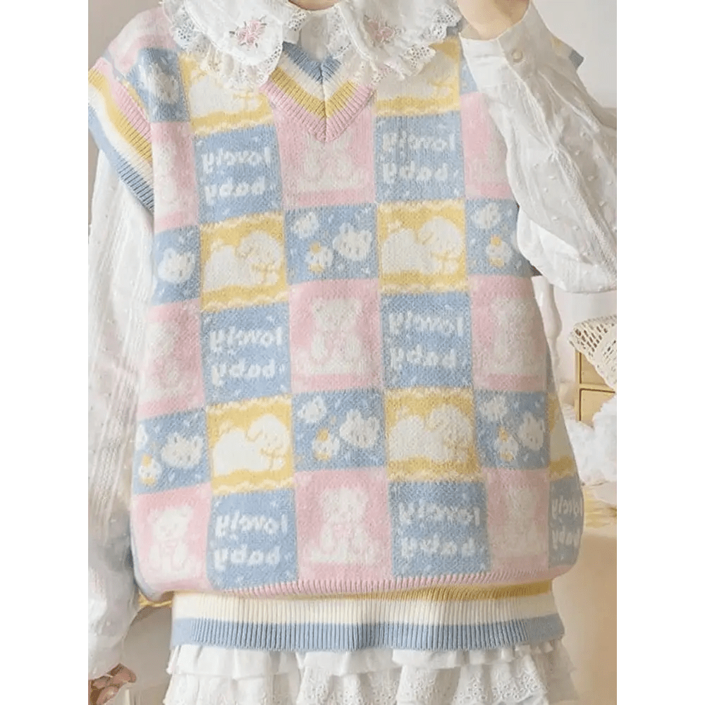 Checkered Bear Knit Vest for Kawaii Lovers - Cosparty