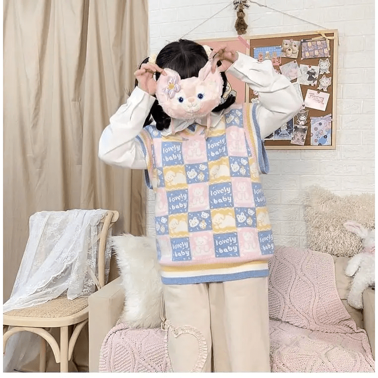 Checkered Bear Knit Vest for Kawaii Lovers - Cosparty