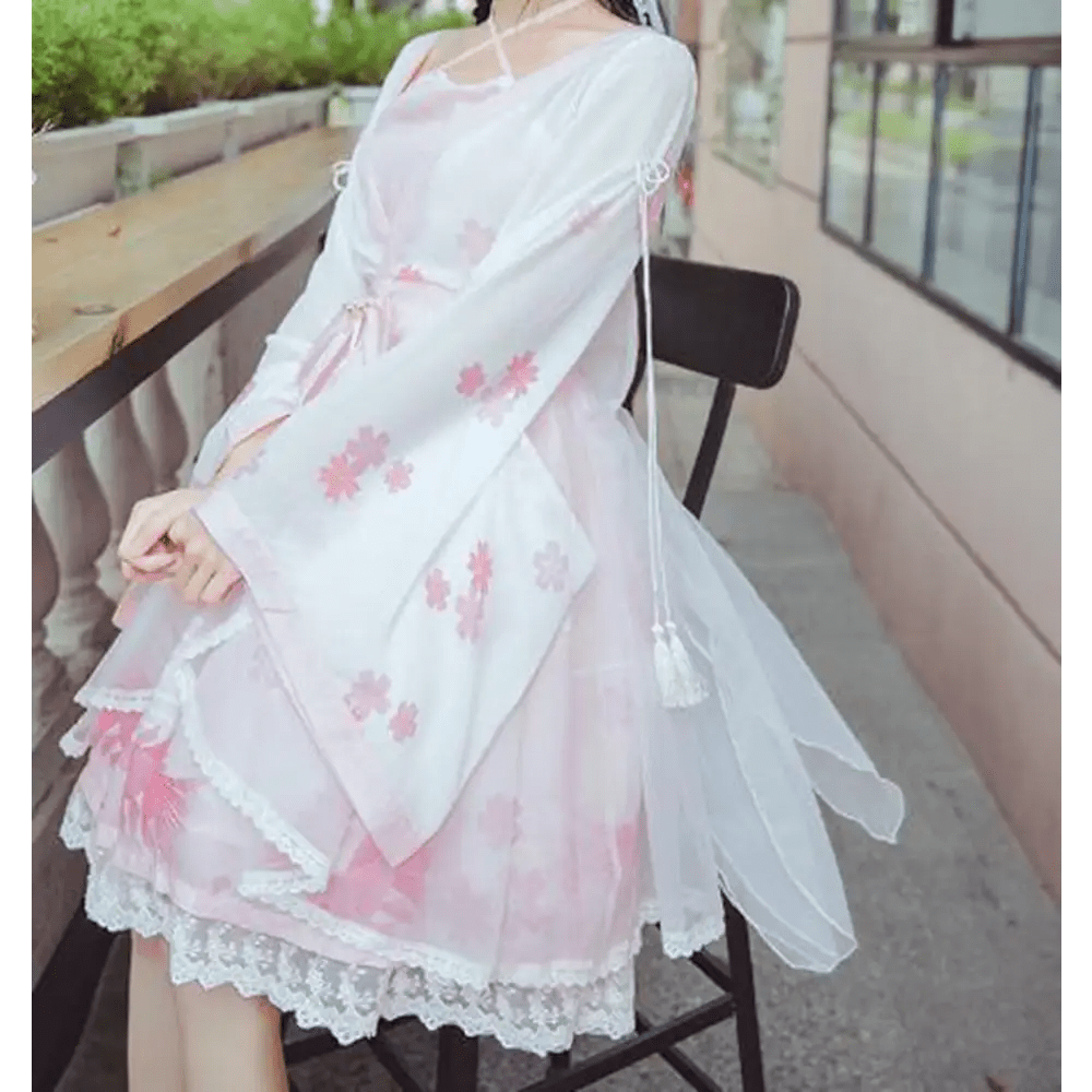 Cherry Blossom Print Kimono Dress in Pastel Pink and White - Cosparty