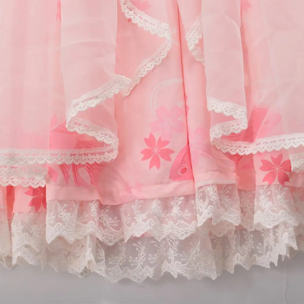 Cherry Blossom Print Kimono Dress in Pastel Pink and White - Cosparty