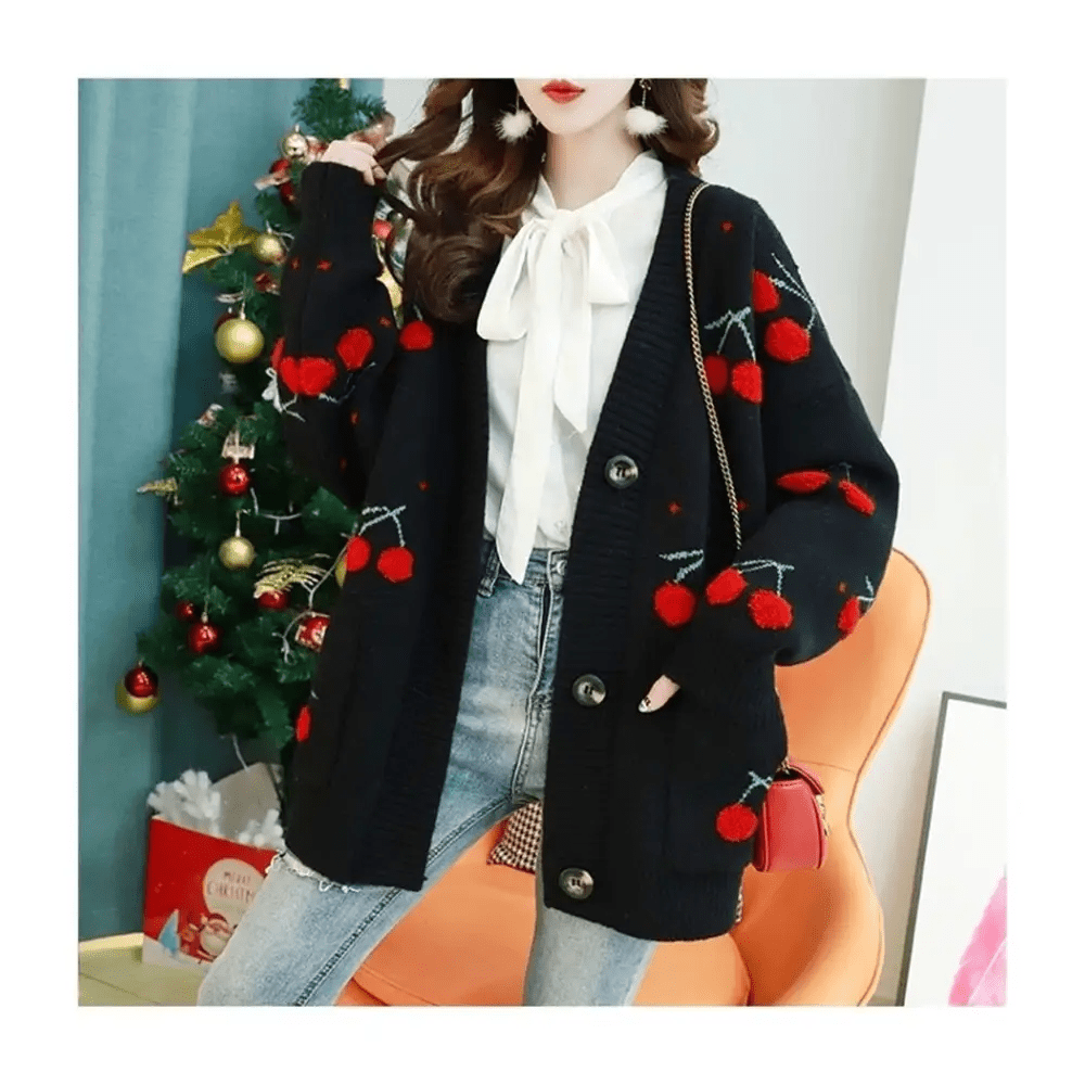Cherry Cardigan with Adorable Embroidery and Luxurious Knit Material - Cosparty