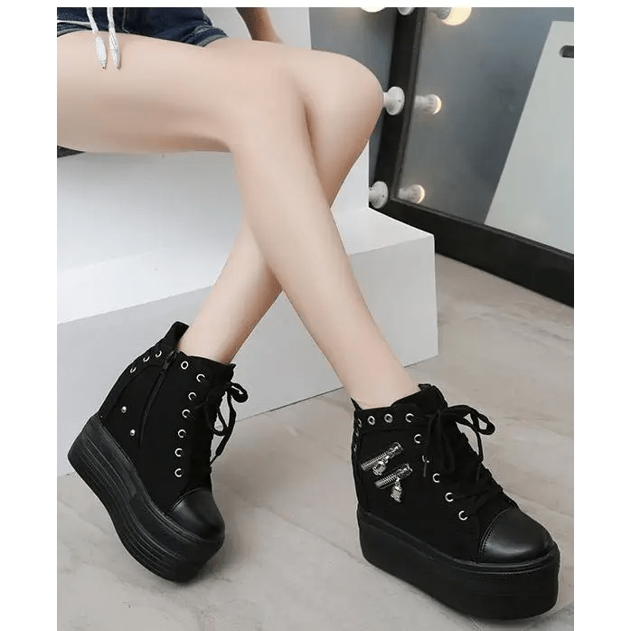 Chunky Wedge Platform Sneakers with Studs and Skull Zippers - Cosparty