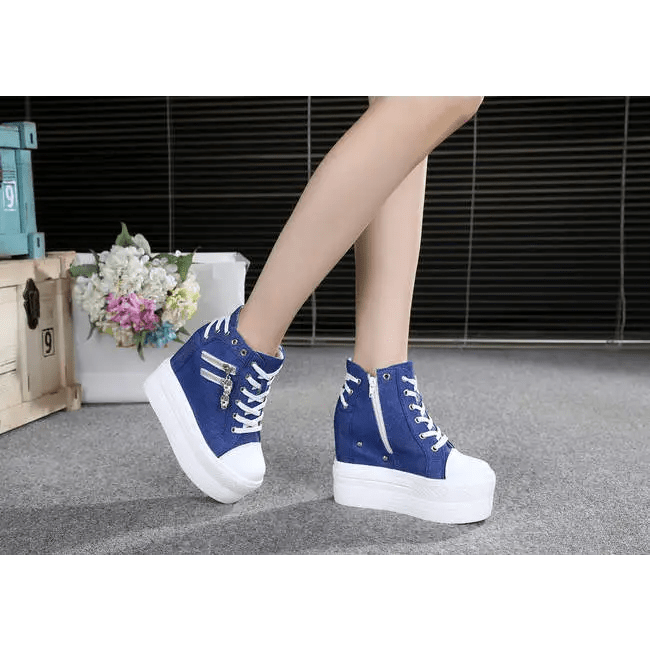 Chunky Wedge Platform Sneakers with Studs and Skull Zippers - Cosparty