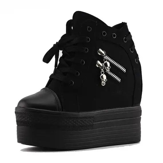 Chunky Wedge Platform Sneakers with Studs and Skull Zippers - Cosparty