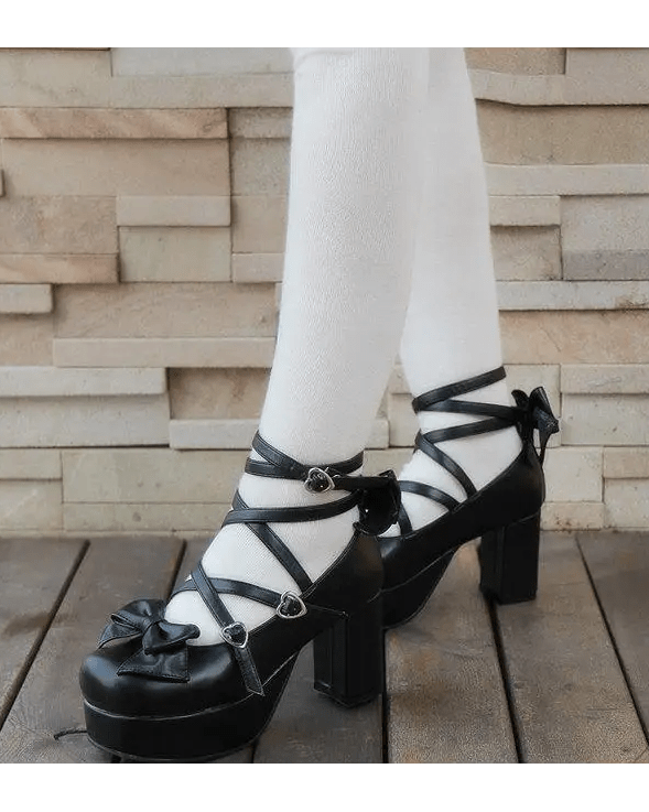 Classic Strappy Wrap - Around Ankle Lolita Shoes with Block Heel - Cosparty