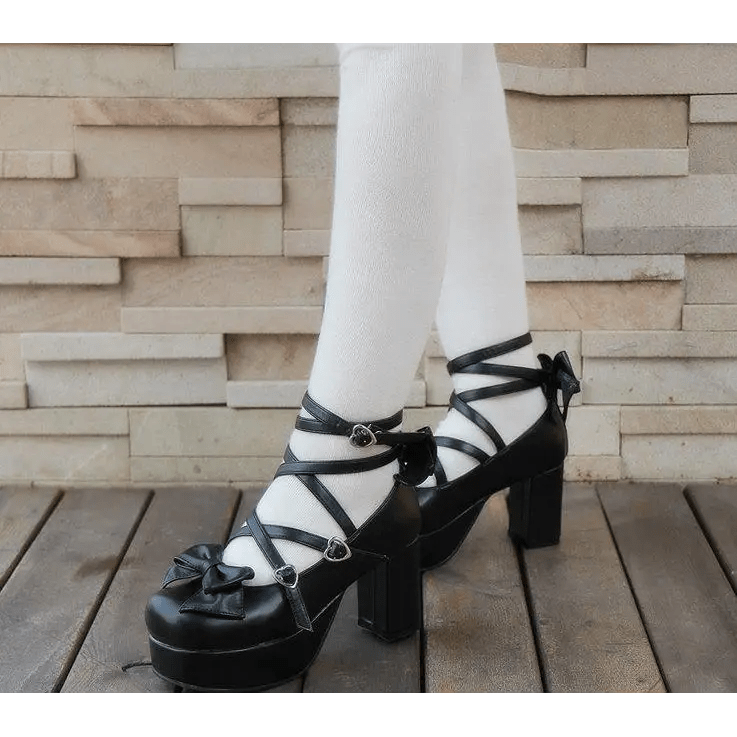 Classic Strappy Wrap - Around Ankle Lolita Shoes with Block Heel - Cosparty