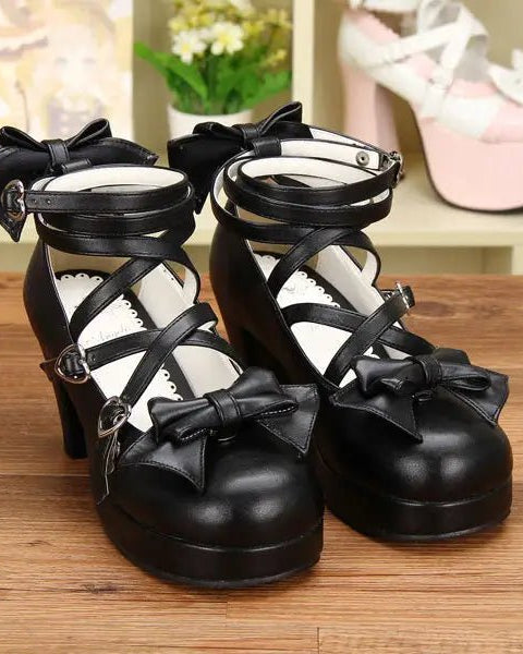 Classic Strappy Wrap - Around Ankle Lolita Shoes with Block Heel - Cosparty