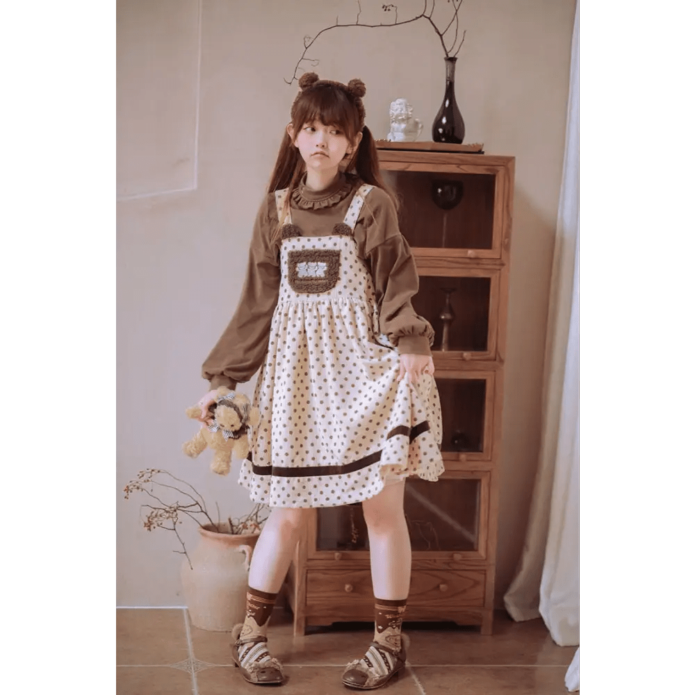 Corduroy Teddy Overall Dress in Brown or Polkadot Print - Cosparty