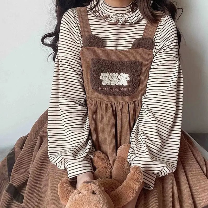 Corduroy Teddy Overall Dress in Brown or Polkadot Print - Cosparty
