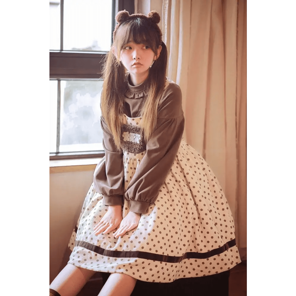 Corduroy Teddy Overall Dress in Brown or Polkadot Print - Cosparty