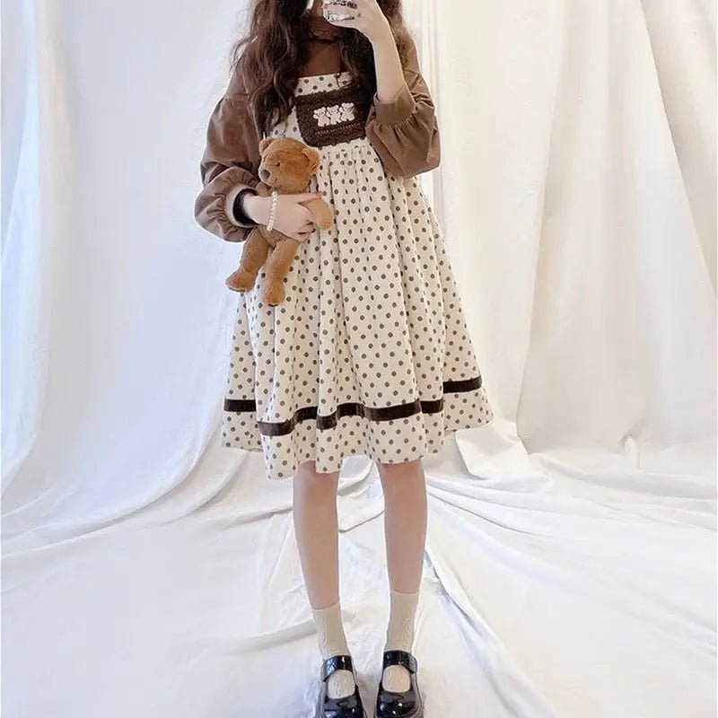 Corduroy Teddy Overall Dress in Brown or Polkadot Print - Cosparty