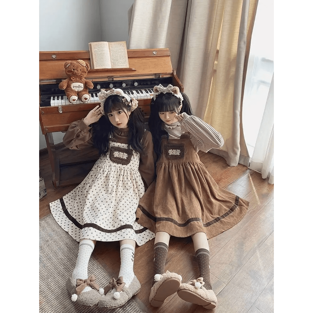 Corduroy Teddy Overall Dress in Brown or Polkadot Print - Cosparty