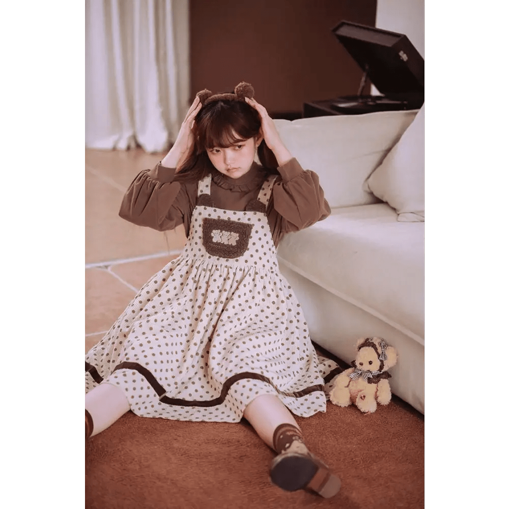 Corduroy Teddy Overall Dress in Brown or Polkadot Print - Cosparty