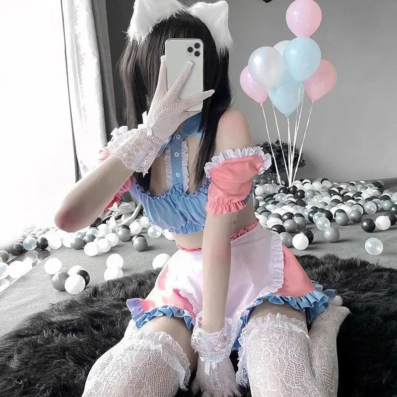 Cotton Candy Inspired Ruffled Maid Cosplay Set for Kawaii Fashion - Cosparty