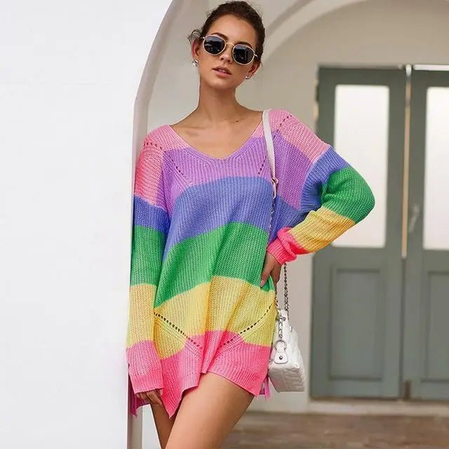Cozy Long Sleeve Sweater Dress in Bright Rainbow Colors Org Instock - Cosparty