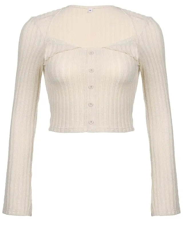 Cream Knit Cropped Sweater in Striped Cable Knit Fabric - sweater