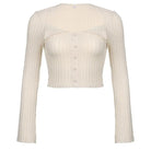 Cream Knit Cropped Sweater in Striped Cable Knit Fabric - sweater
