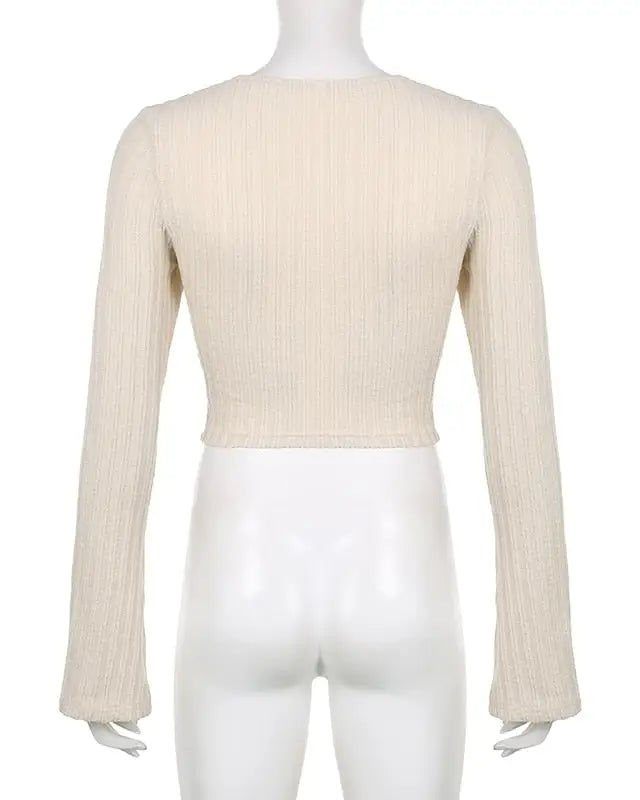 Cream Knit Cropped Sweater in Striped Cable Knit Fabric - sweater