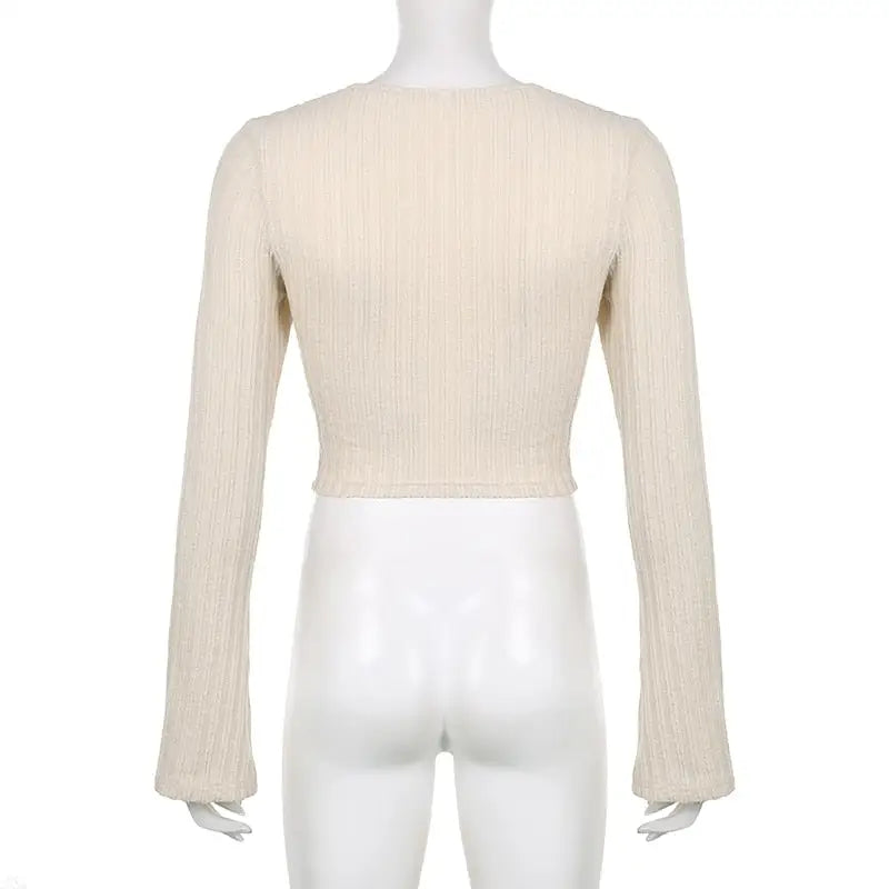 Cream Knit Cropped Sweater in Striped Cable Knit Fabric - sweater