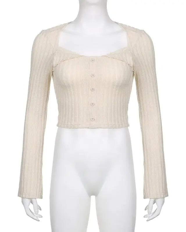 Cream Knit Cropped Sweater in Striped Cable Knit Fabric - sweater