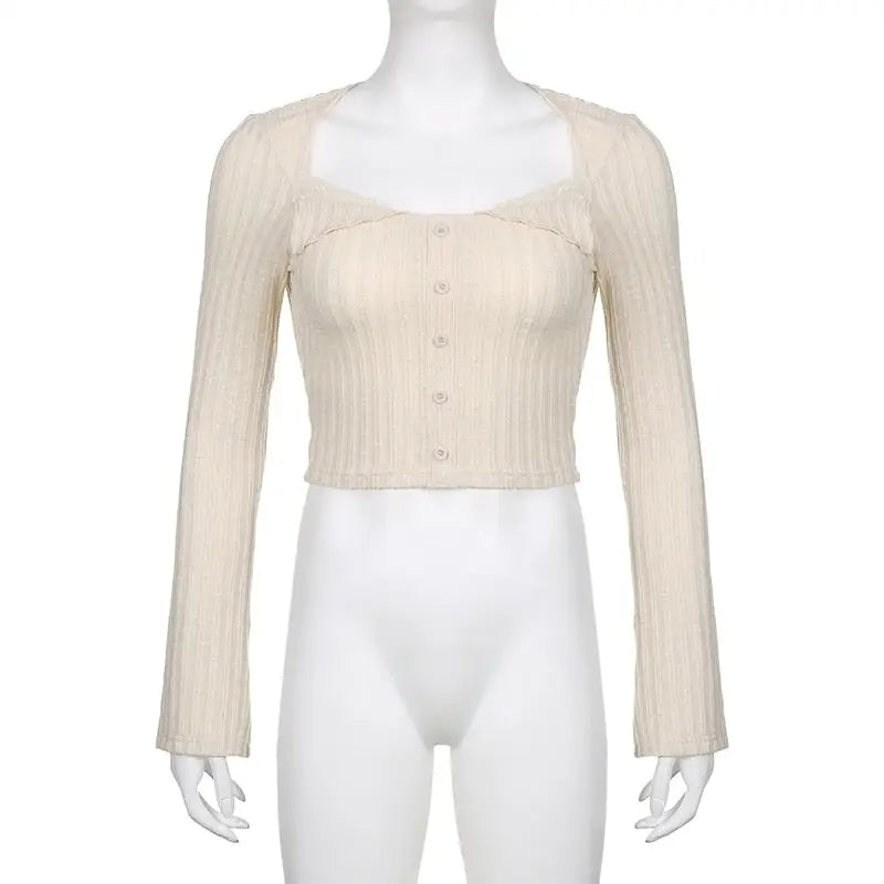 Cream Knit Cropped Sweater in Striped Cable Knit Fabric - sweater