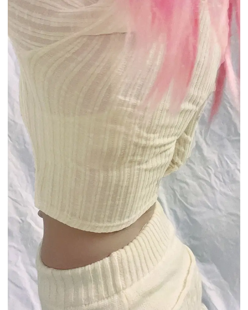 Cream Knit Cropped Sweater in Striped Cable Knit Fabric - sweater